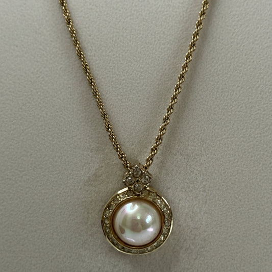 Christian Dior Vintage Round Faux Peal Pendant with Rhinestones