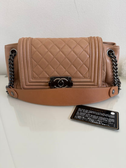 Chanel Boy Accordion Flag Bag Quilted Tan Lambskin with Gunmetal Chain