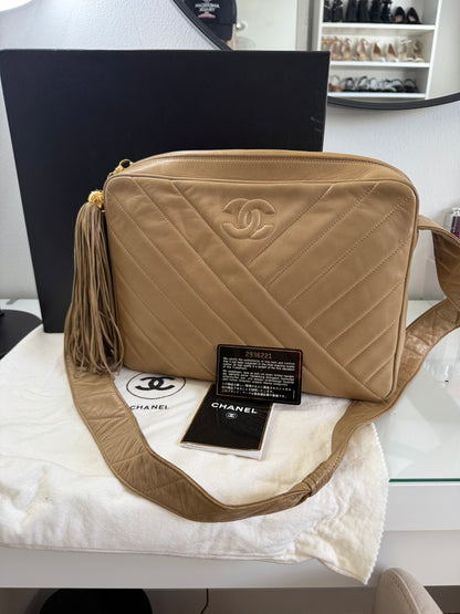 Chanel Vintage Beige Large Lambskin Camera Bag