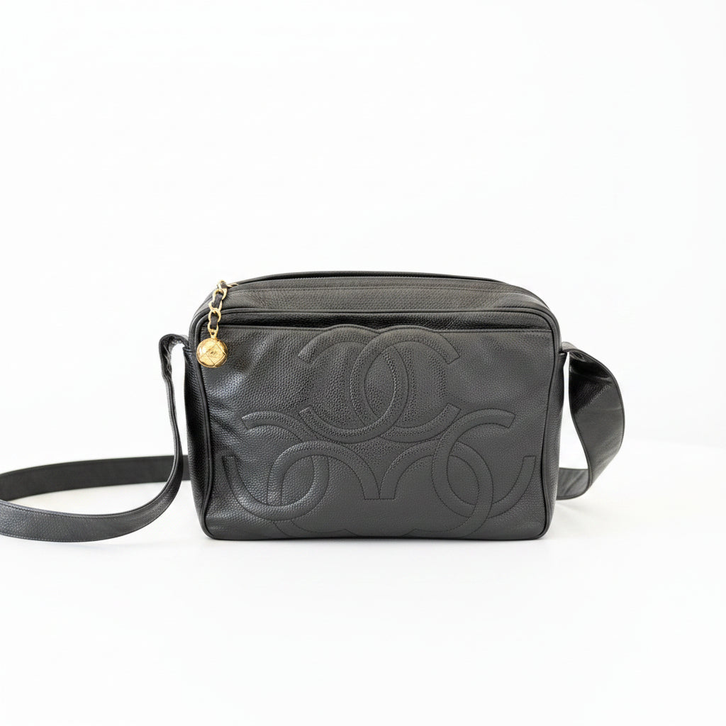 CHANEL Black Triple CC caviar Leather Crossbody with Gold Charm