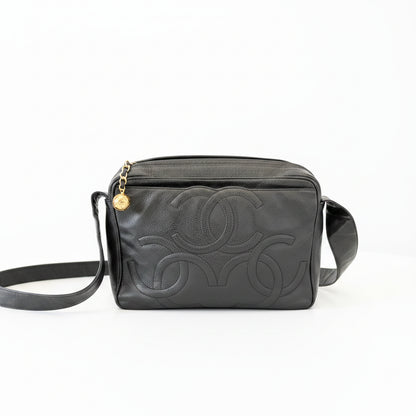 CHANEL Black Triple CC caviar Leather Crossbody with Gold Charm