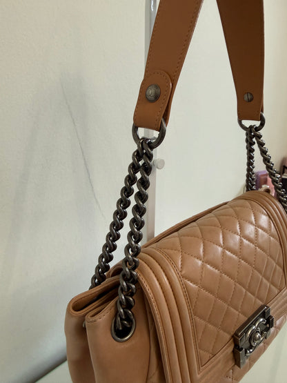 Chanel Boy Accordion Flag Bag Quilted Tan Lambskin with Gunmetal Chain