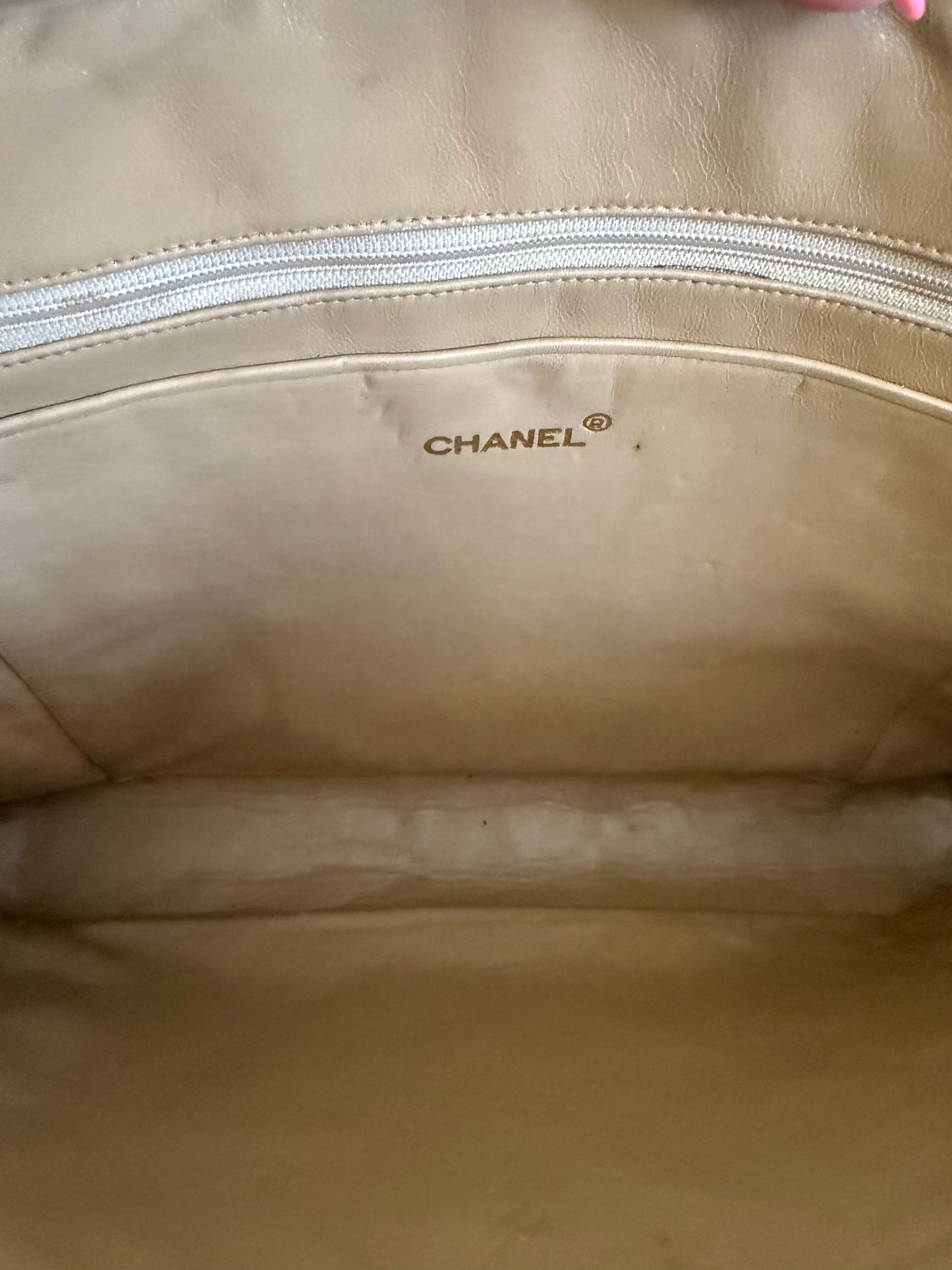 Chanel Vintage Quilted Matelasse Lambskin Beige Camera Tote Bag