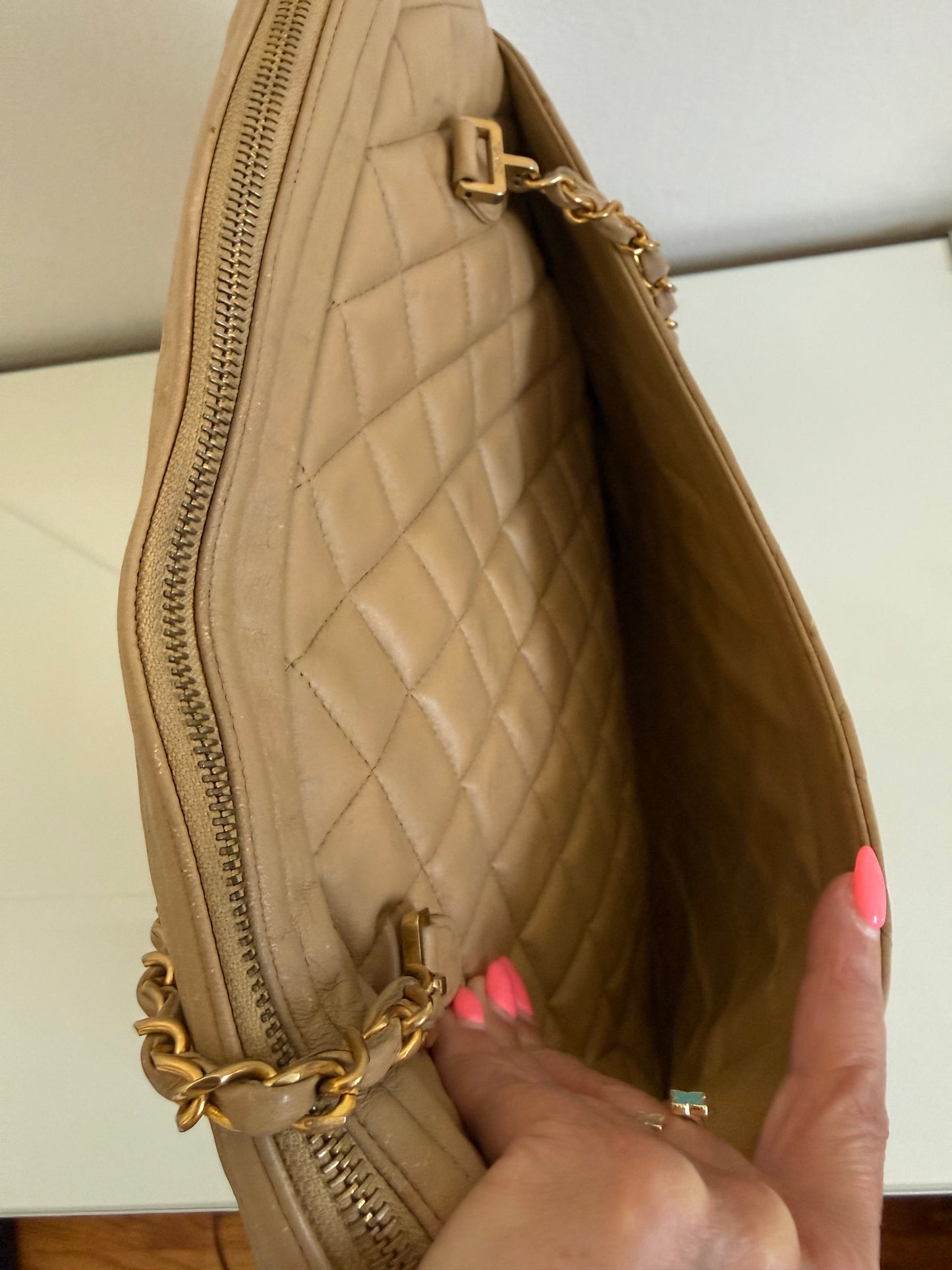 Chanel Vintage Quilted Matelasse Lambskin Beige Camera Tote Bag