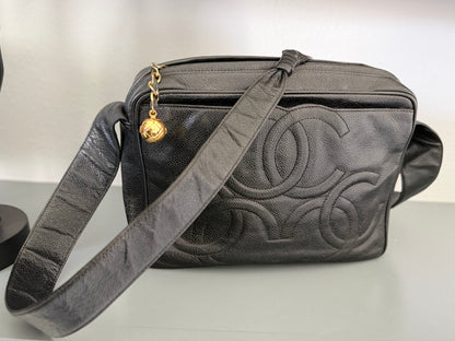 CHANEL Black Triple CC caviar Leather Crossbody with Gold Charm