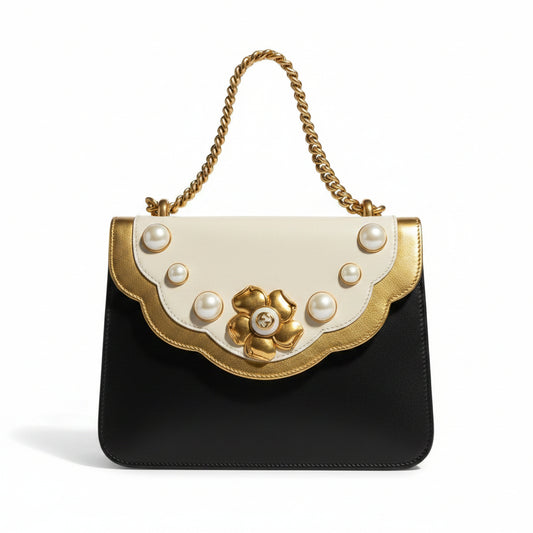 Gucci Pearly Peony Leather Chain Shoulder & Crossbody Bag – Black, Cream & Gold