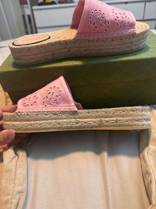 Gucci Damita Pink Logo GG Espadrille Slide Platform Slip on Sandal Shoe 38.5