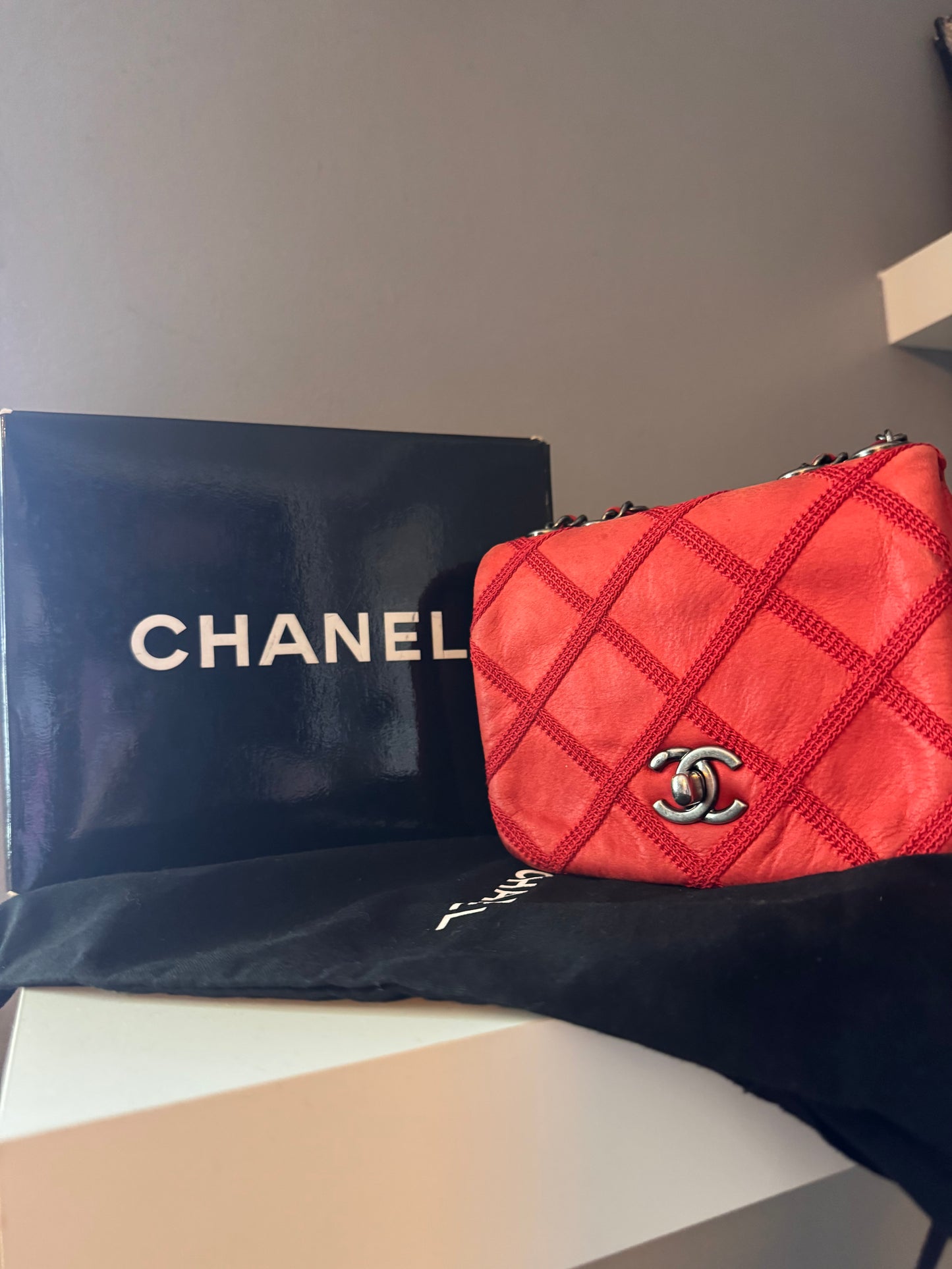 Chanel Red Diamond Stitch Calfskin Flap
