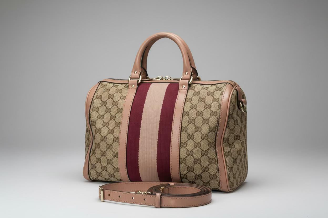 Gucci Rare Vintage GG Boston Bag Pink and Burgundy Web Stripe