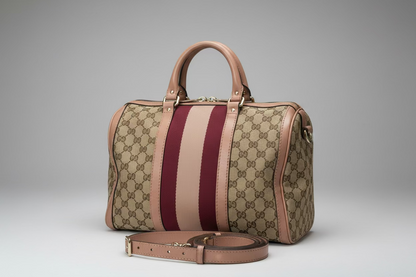 Gucci Rare Vintage GG Boston Bag Pink and Burgundy Web Stripe