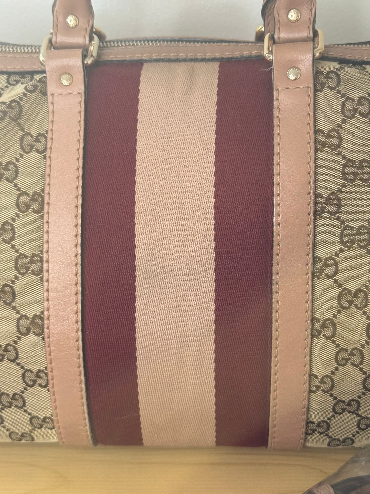 Gucci Rare Vintage GG Boston Bag Pink and Burgundy Web Stripe