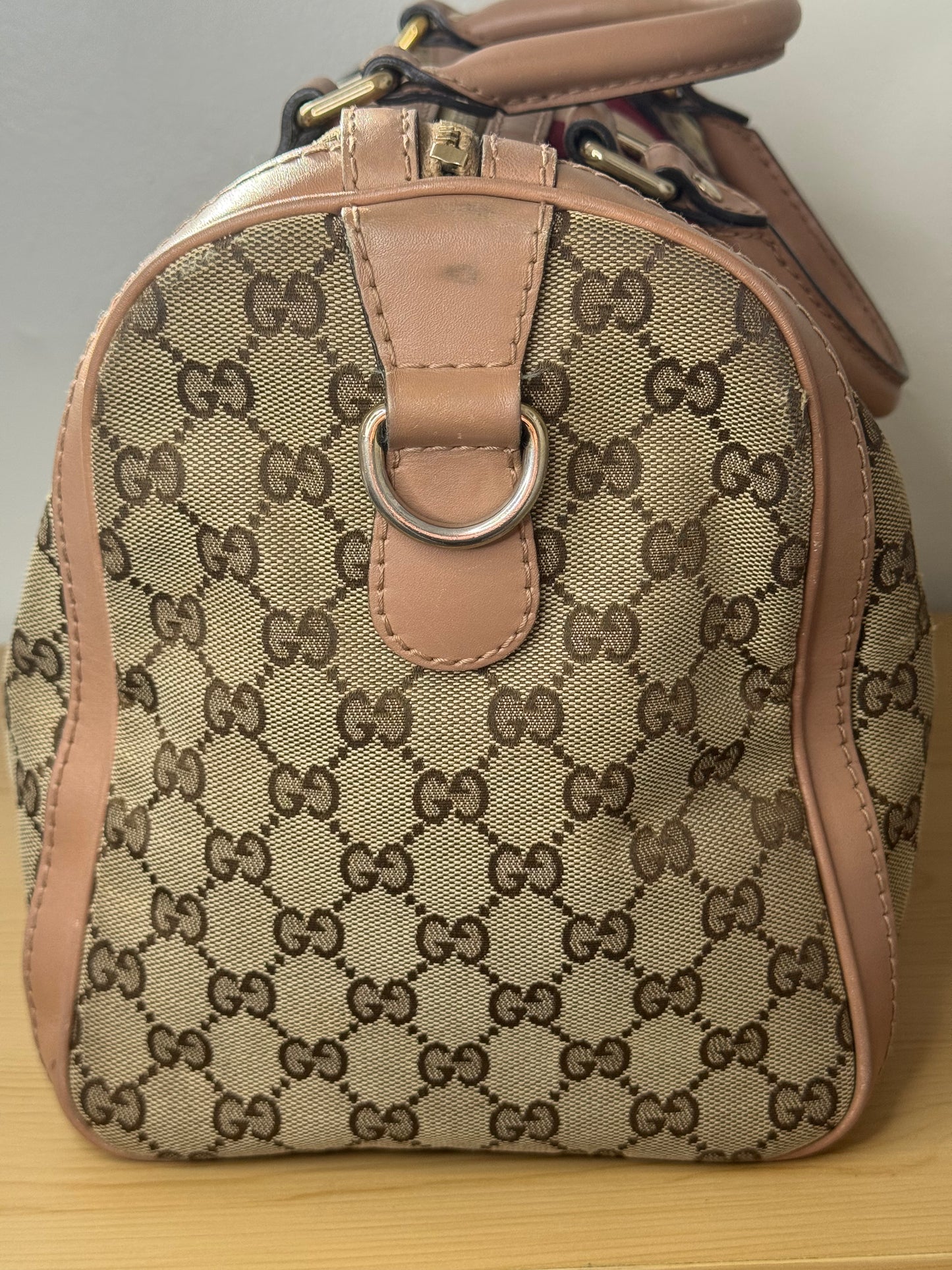 Gucci Rare Vintage GG Boston Bag Pink and Burgundy Web Stripe