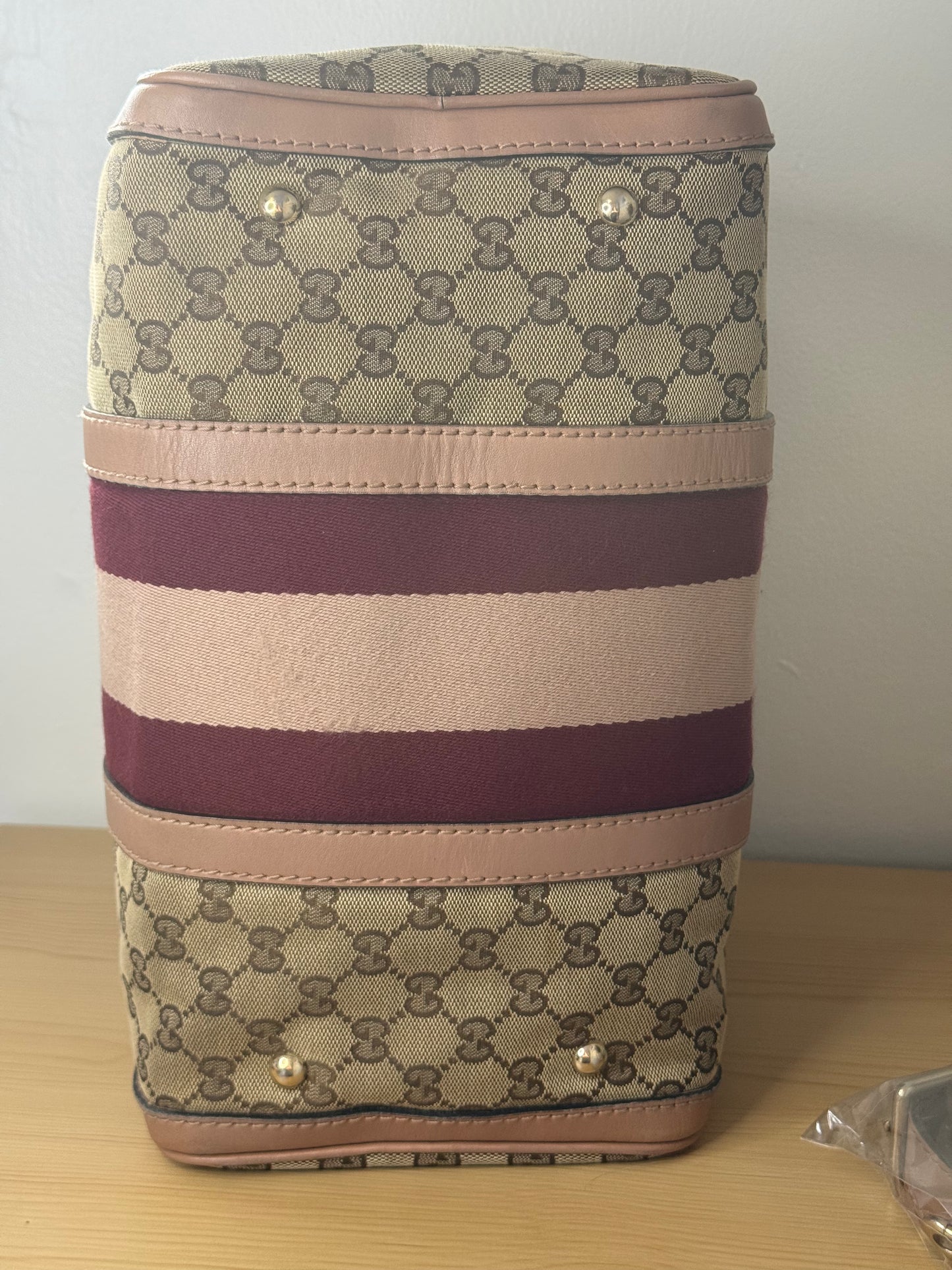 Gucci Rare Vintage GG Boston Bag Pink and Burgundy Web Stripe
