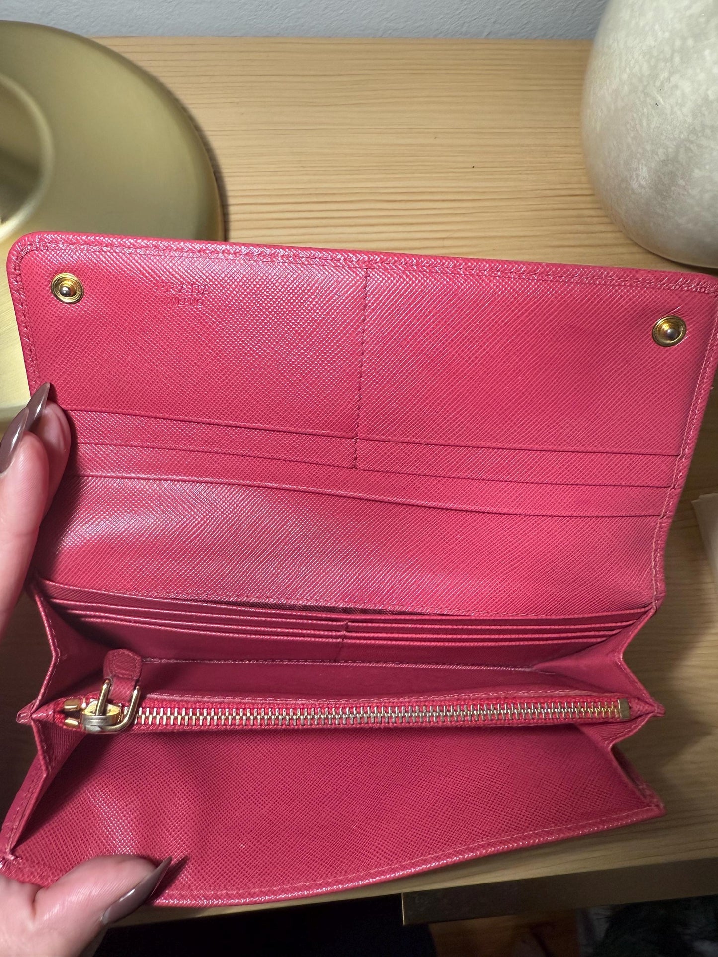 AUTHENTIC Prada Saffiano Leather Continental Pink Peonia Bow Wallet