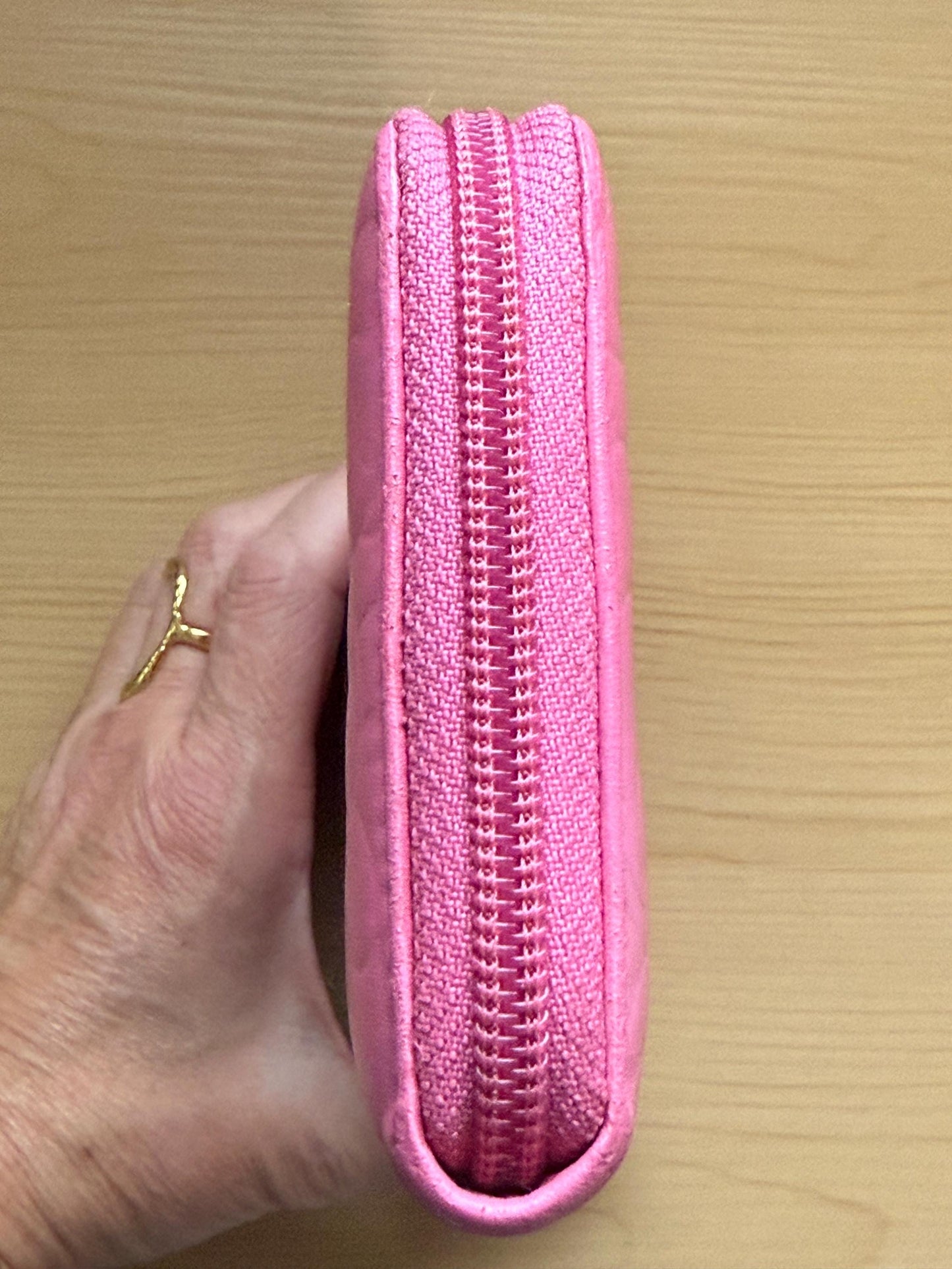 Chanel  Pink Camellia Embossed Caviar Leather Zip Around