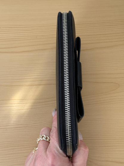 Prada Saffiano Leather Continental Black Bow Zip Around Wallet