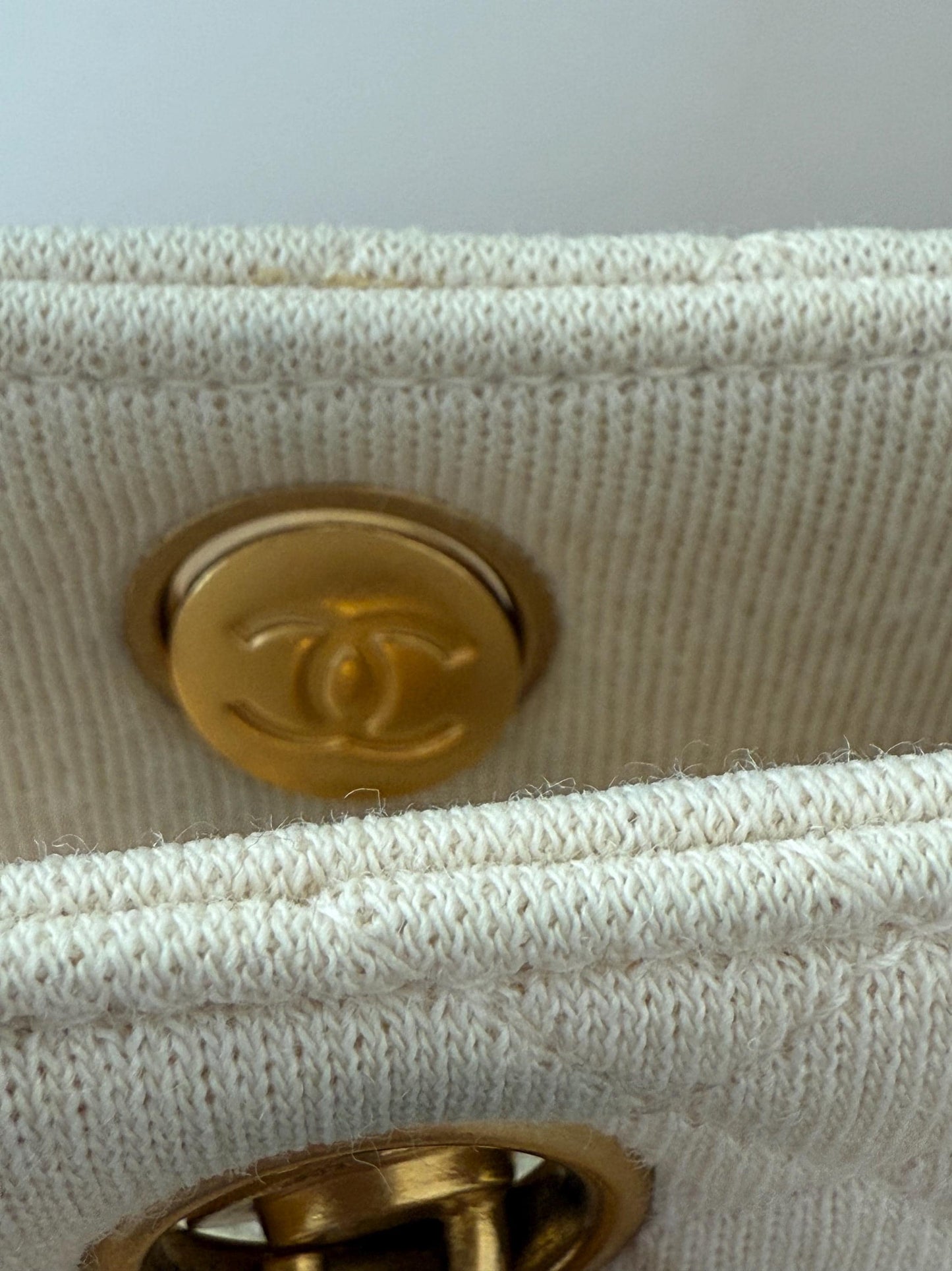 AUTHENTIC Vintage Chanel Mademoiselle Bijoux Chain Cream Cloth Shoulder Bag