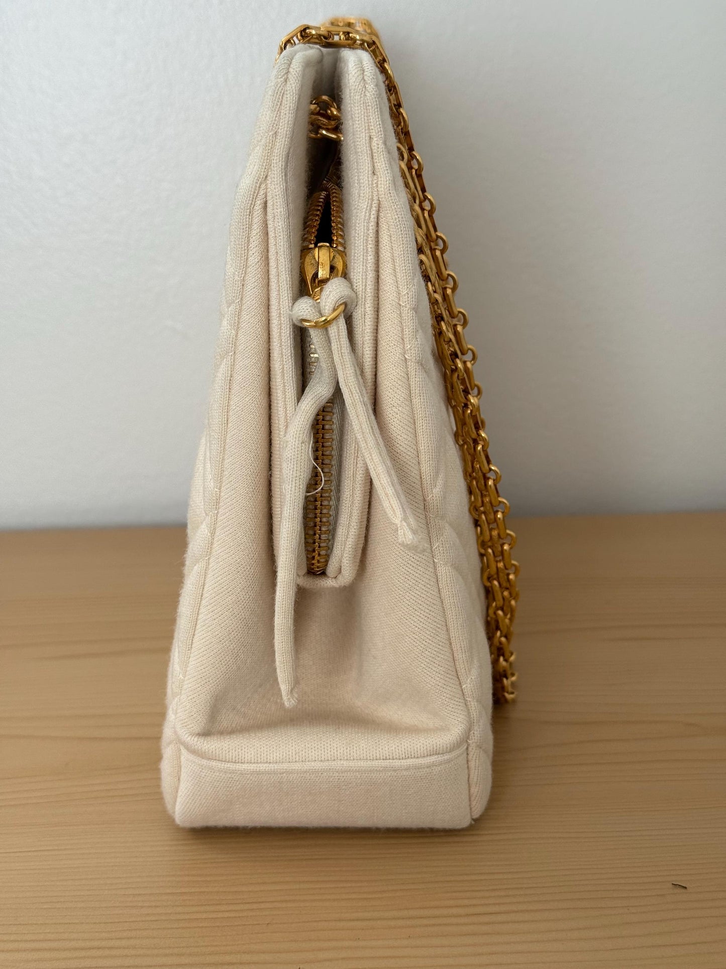 AUTHENTIC Vintage Chanel Mademoiselle Bijoux Chain Cream Cloth Shoulder Bag