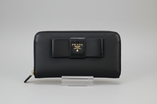 Prada Saffiano Leather Continental Black Bow Zip Around Wallet