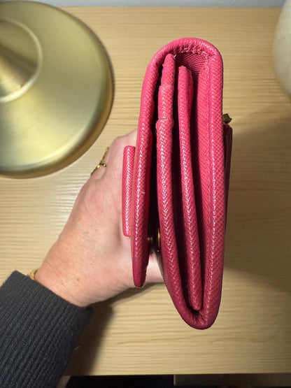Prada Saffiano Leather Continental Pink Peonia Bow Wallet