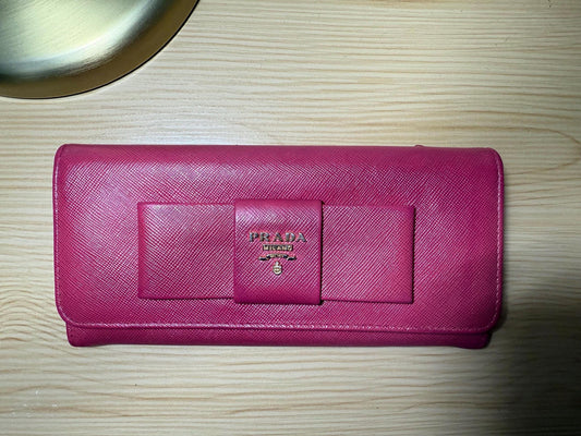 Prada Saffiano Leather Continental Pink Peonia Bow Wallet