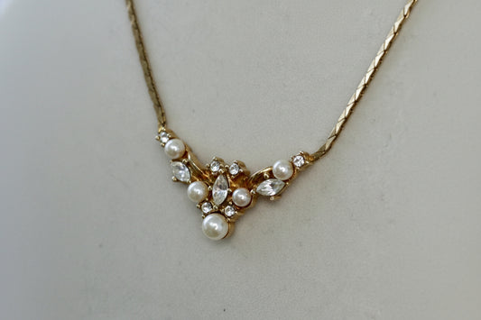 Christian Dior Vintage Faux Pearl and Rhinestone Cluster Necklace