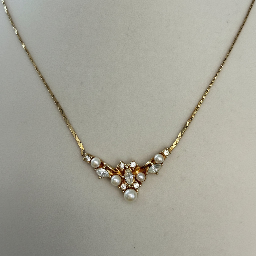 Christian Dior Vintage Faux Pearl and Rhinestone Cluster Necklace