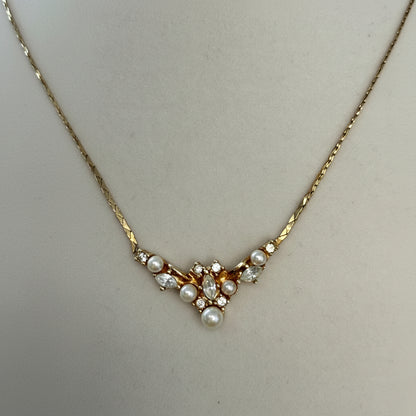 Christian Dior Vintage Faux Pearl and Rhinestone Cluster Necklace
