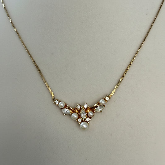 Christian Dior Vintage Faux Pearl and Rhinestone Cluster Necklace