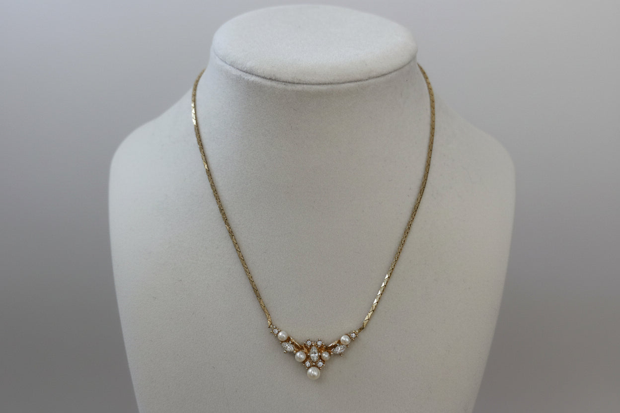 Christian Dior Vintage Faux Pearl and Rhinestone Cluster Necklace