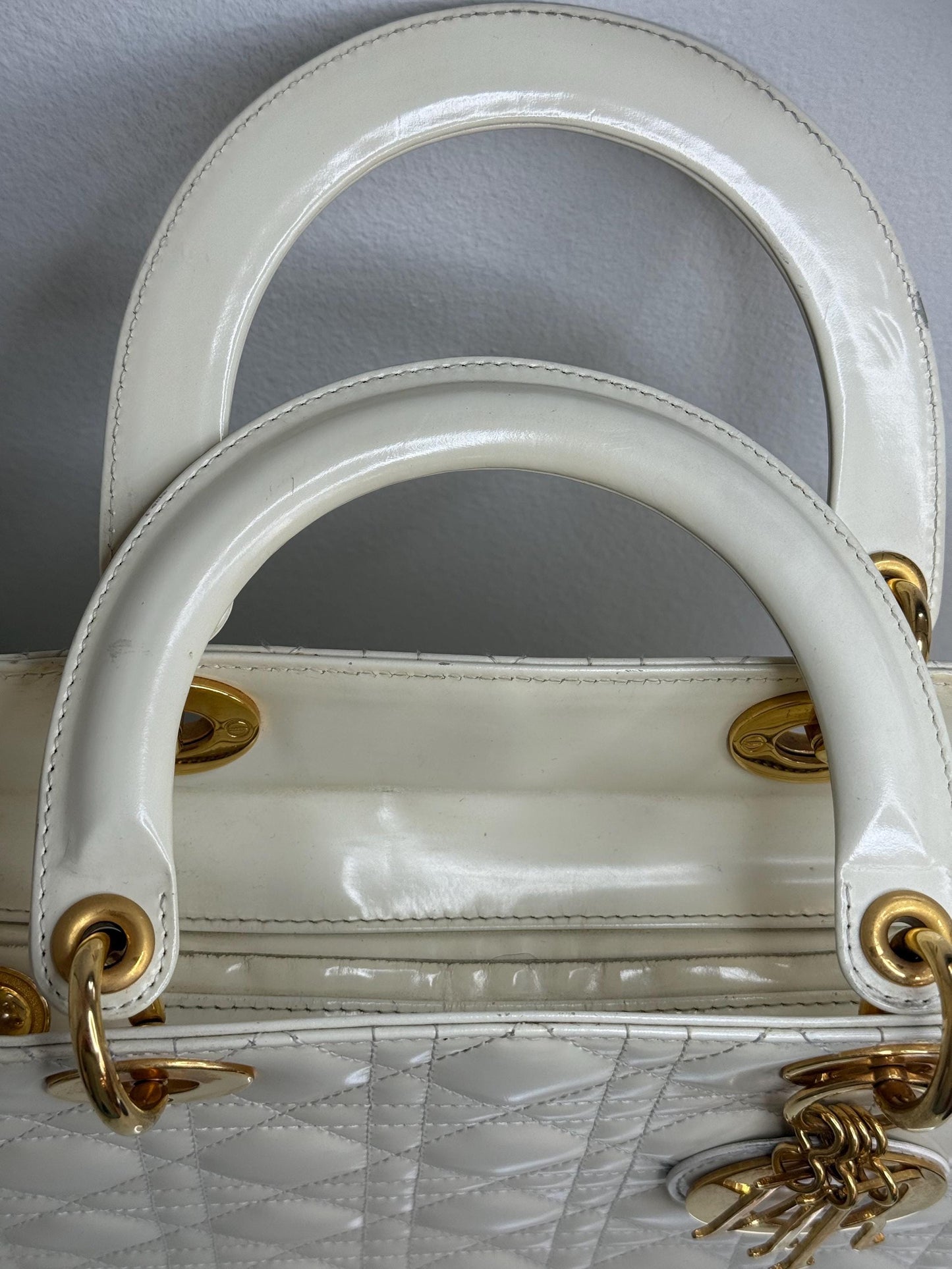 Christian Dior Vintage Lady Dior Large Cream Patent Leather Handbag
