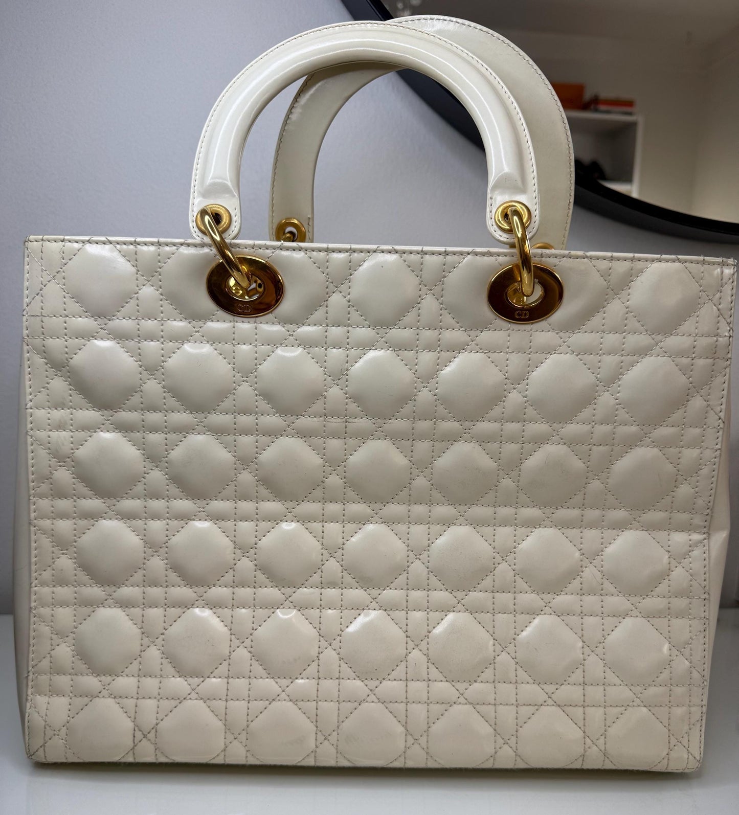 Christian Dior Vintage Lady Dior Large Cream Patent Leather Handbag