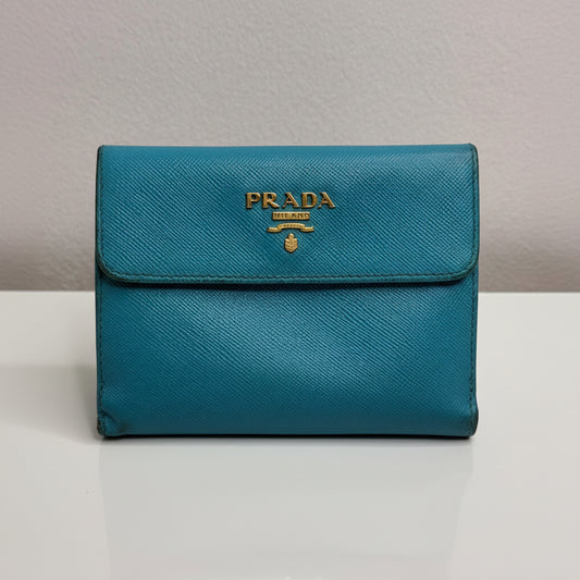 Prada Aqua Blue Saffiano Leather Flap Card Holder