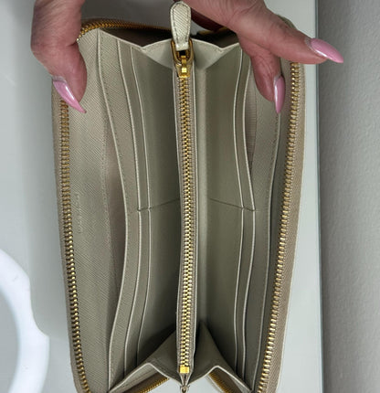 Prada Ivory Saffiano Leather Long Zippy Wallet
