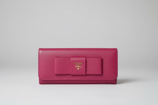 Prada Saffiano Leather Continental Pink Peonia Bow Wallet