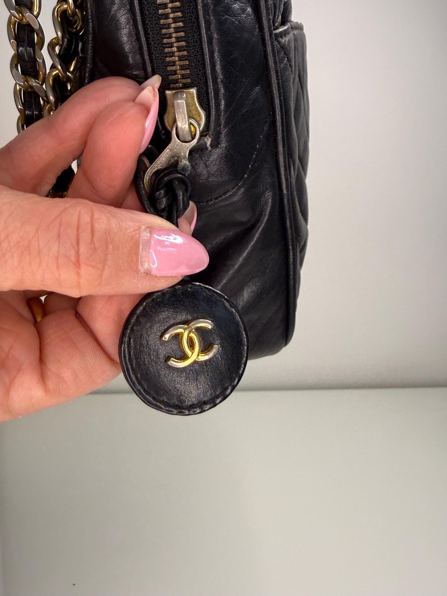 Chanel Vintage Black Lambskin Double Pocket  Chevron Handbag 1986-1988