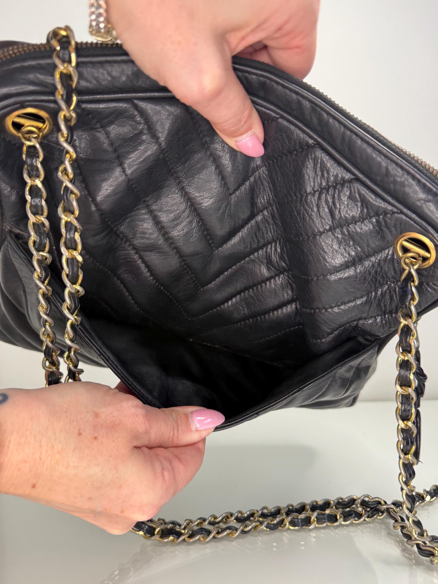 Chanel Vintage Black Lambskin Double Pocket  Chevron Handbag 1986-1988