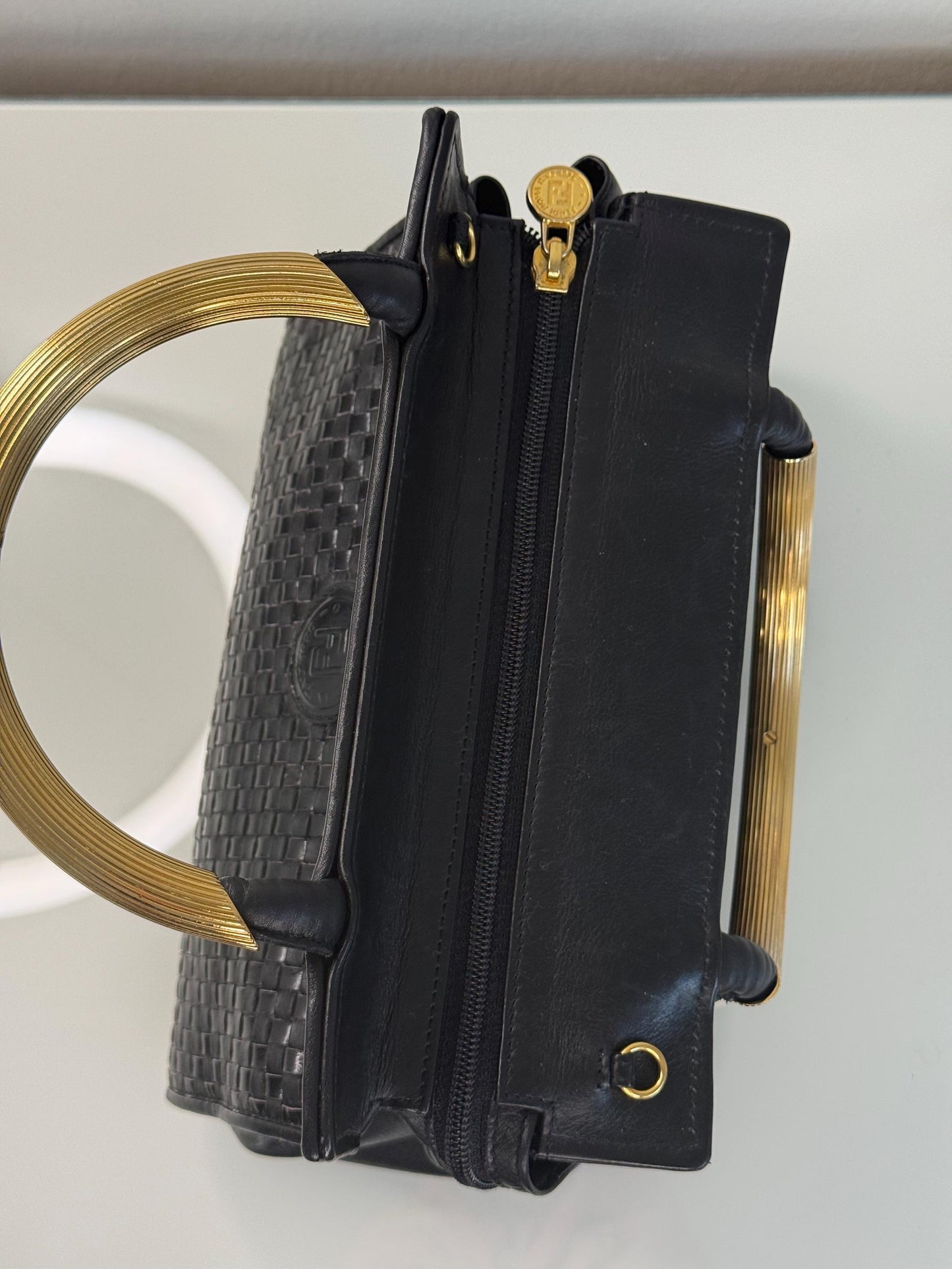 Fendi Vintage Woven Pasta Bag in Black Leather
