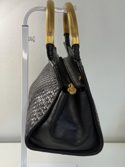 Fendi Vintage Woven Pasta Bag in Black Leather