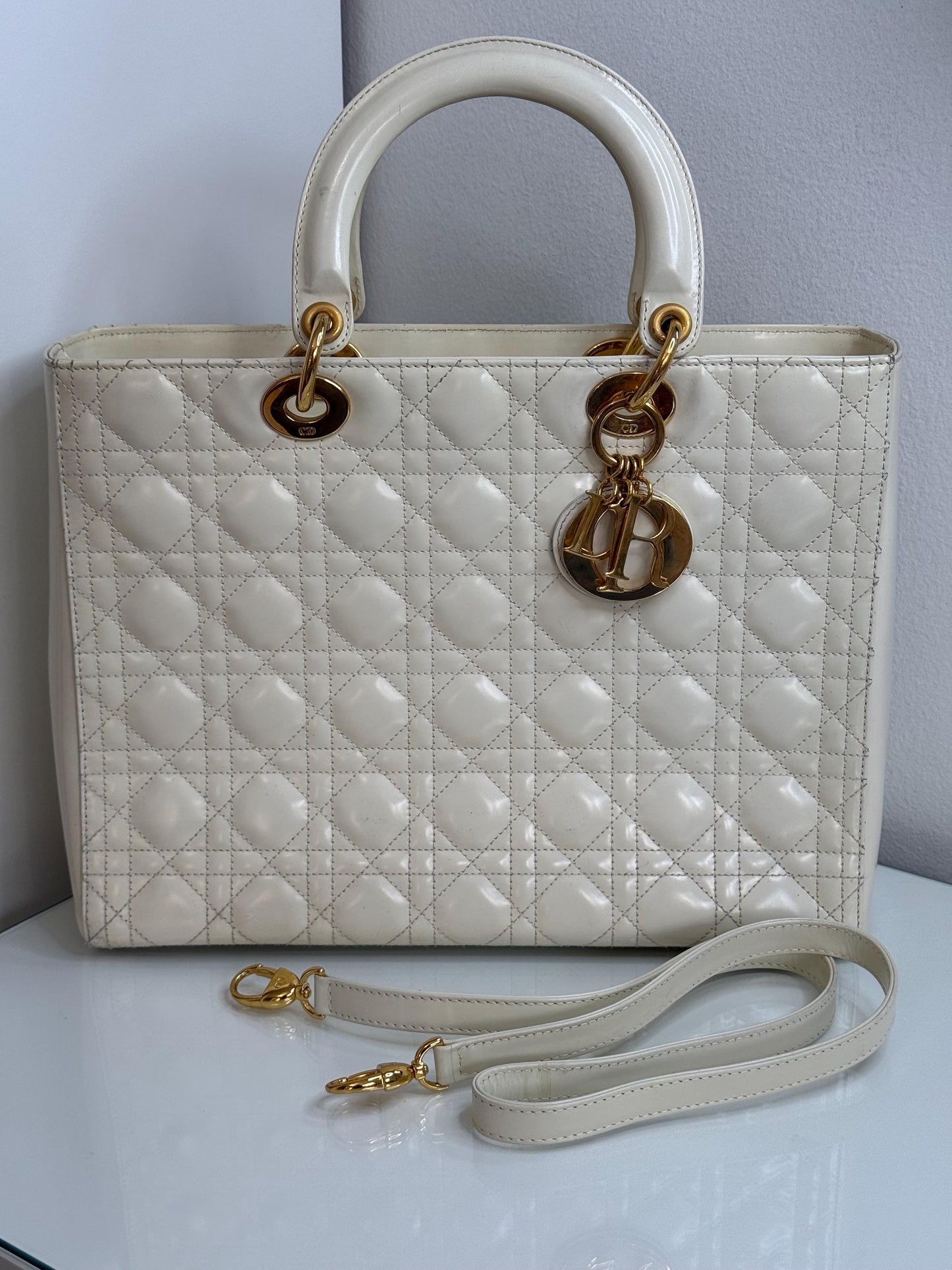 Christian Dior Vintage Lady Dior Large Cream Patent Leather Handbag