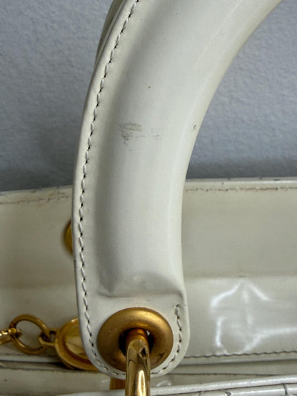 Christian Dior Vintage Lady Dior Large Cream Patent Leather Handbag