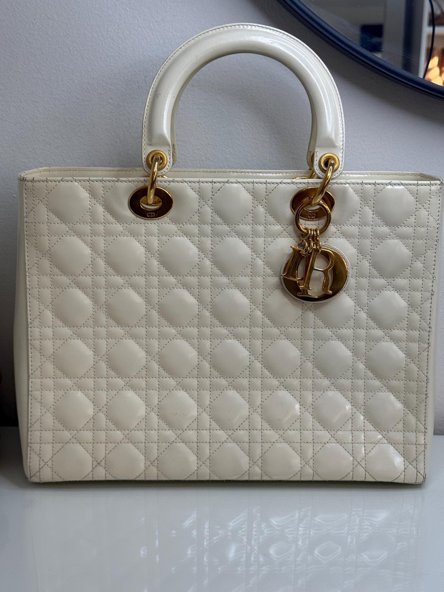 Christian Dior Vintage Lady Dior Large Cream Patent Leather Handbag