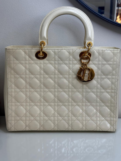 Christian Dior Vintage Lady Dior Large Cream Patent Leather Handbag