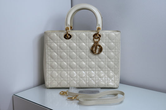 Christian Dior Vintage Lady Dior Large Cream Patent Leather Handbag