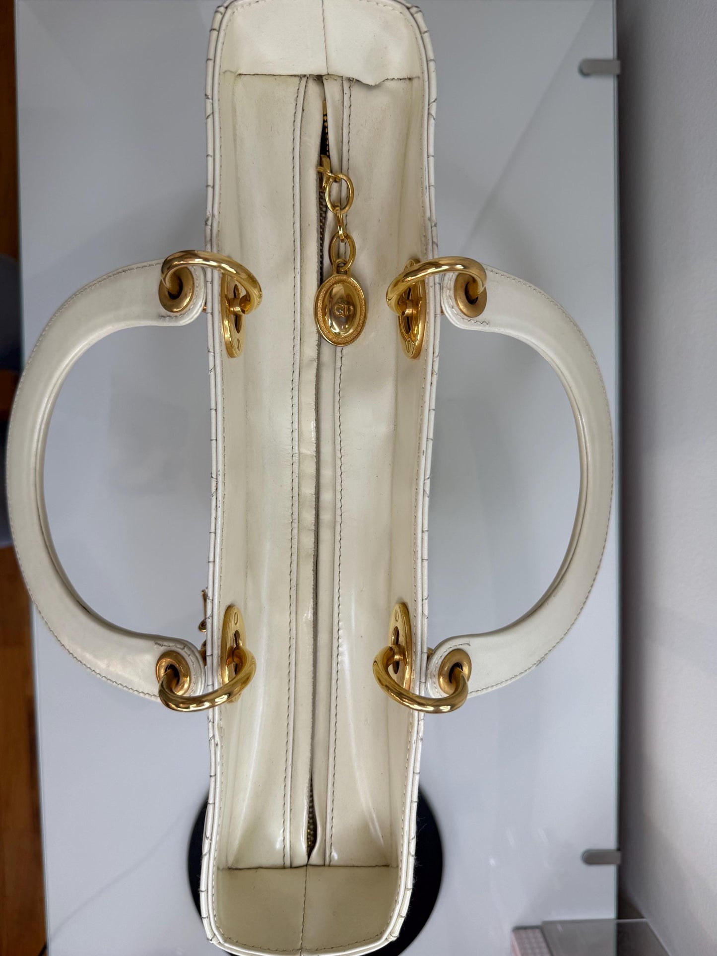 Christian Dior Vintage Lady Dior Large Cream Patent Leather Handbag