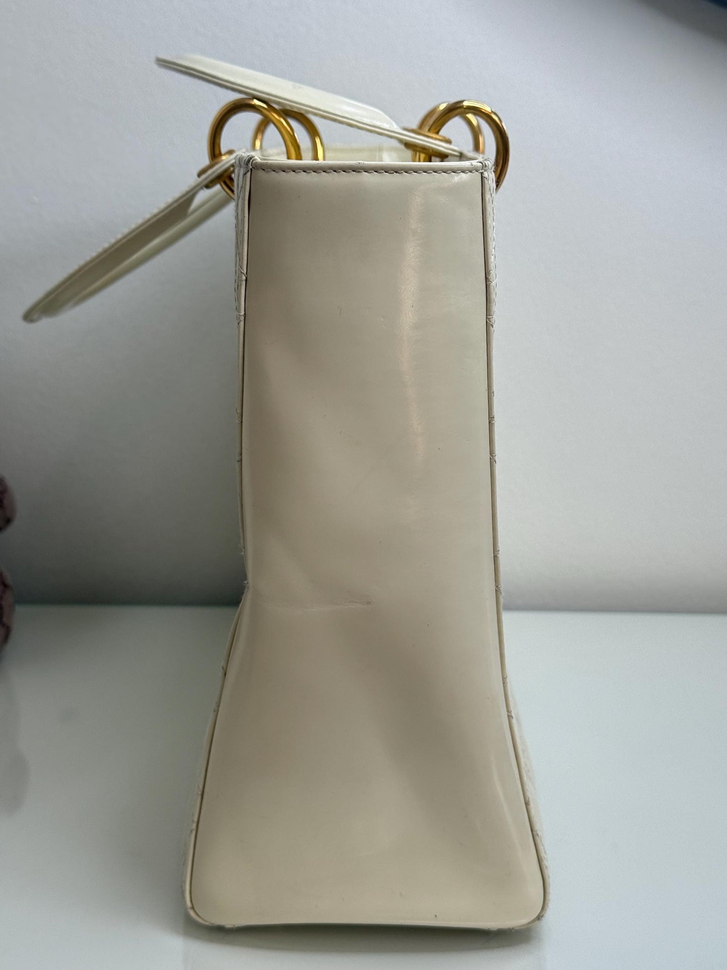 Christian Dior Vintage Lady Dior Large Cream Patent Leather Handbag