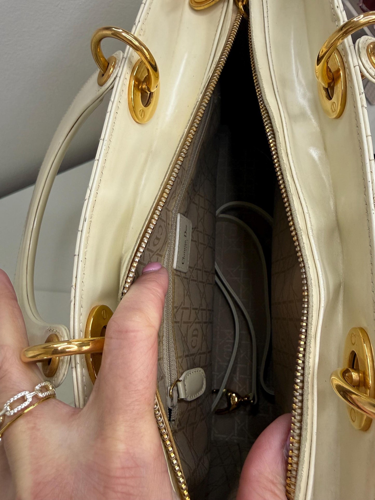 Christian Dior Vintage Lady Dior Large Cream Patent Leather Handbag