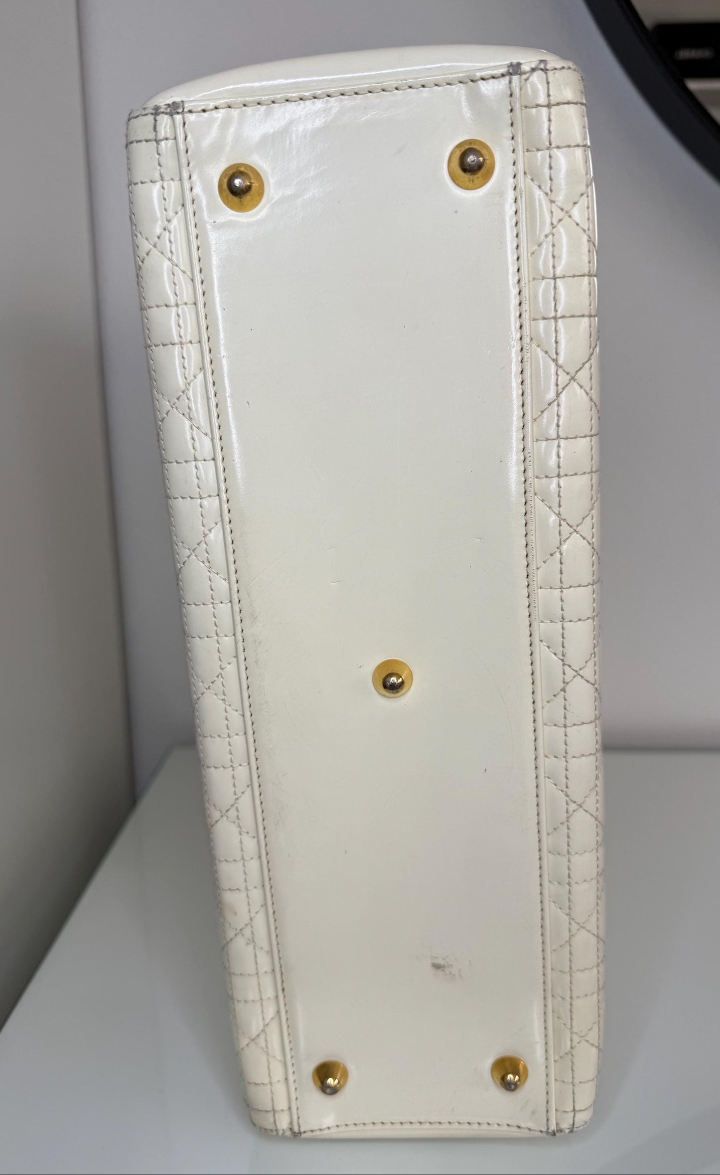 Christian Dior Vintage Lady Dior Large Cream Patent Leather Handbag