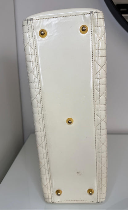 Christian Dior Vintage Lady Dior Large Cream Patent Leather Handbag