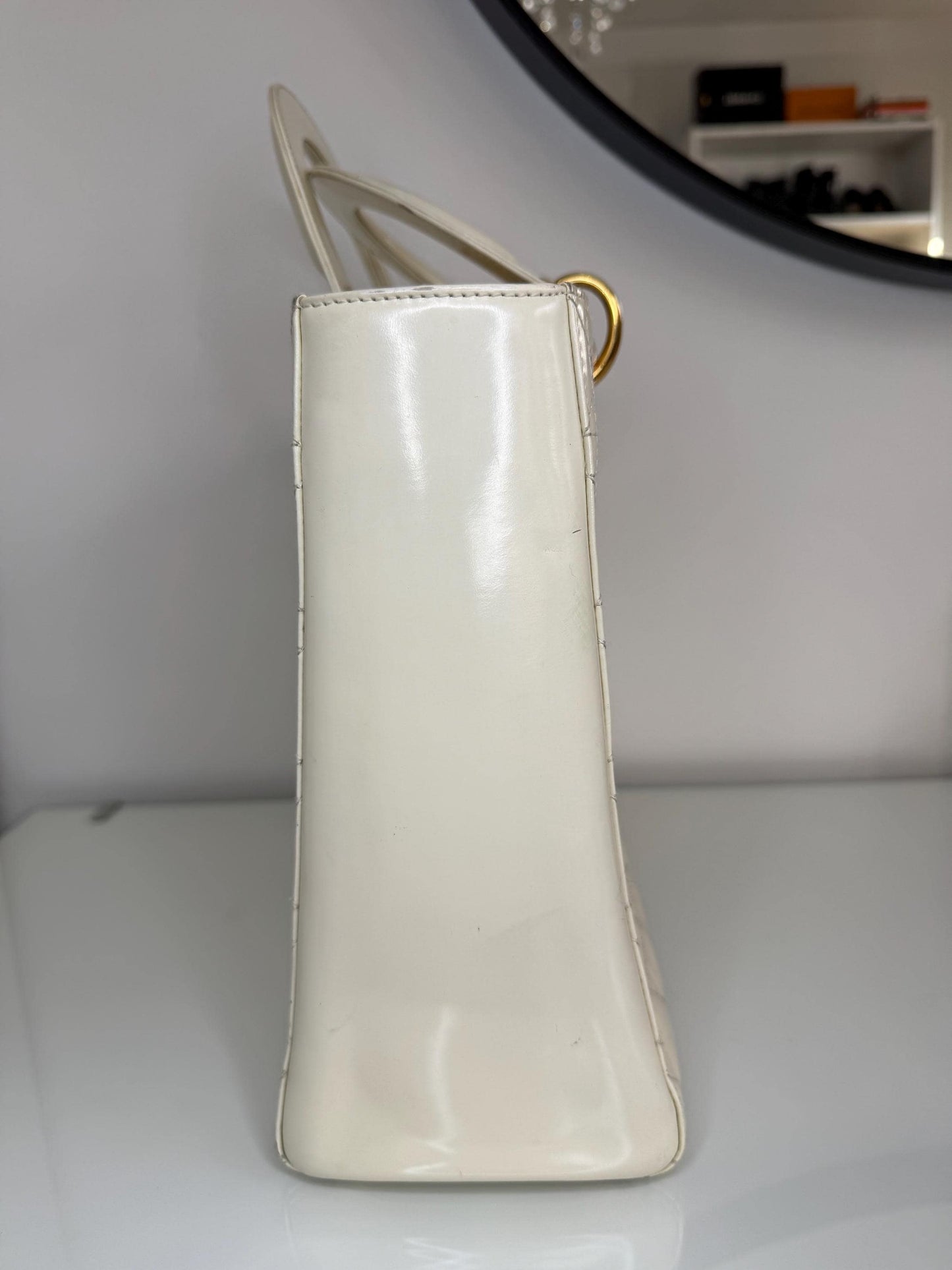 Christian Dior Vintage Lady Dior Large Cream Patent Leather Handbag